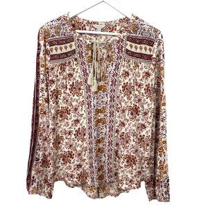 LUCKY BRAND Womens L Floral Peasant Boho V Neck Long Sleeve Tie Front Blouse